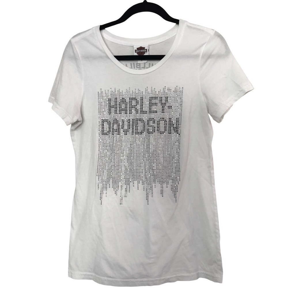 Harley Davidson Glittered Silver Metallic White Tee shirt Size M